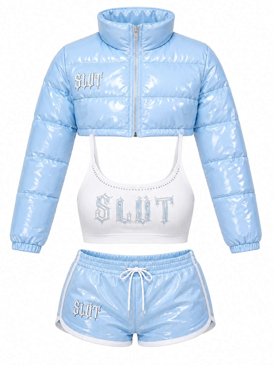 Baby Blue Patent Puffer 3-Piece Set Detail