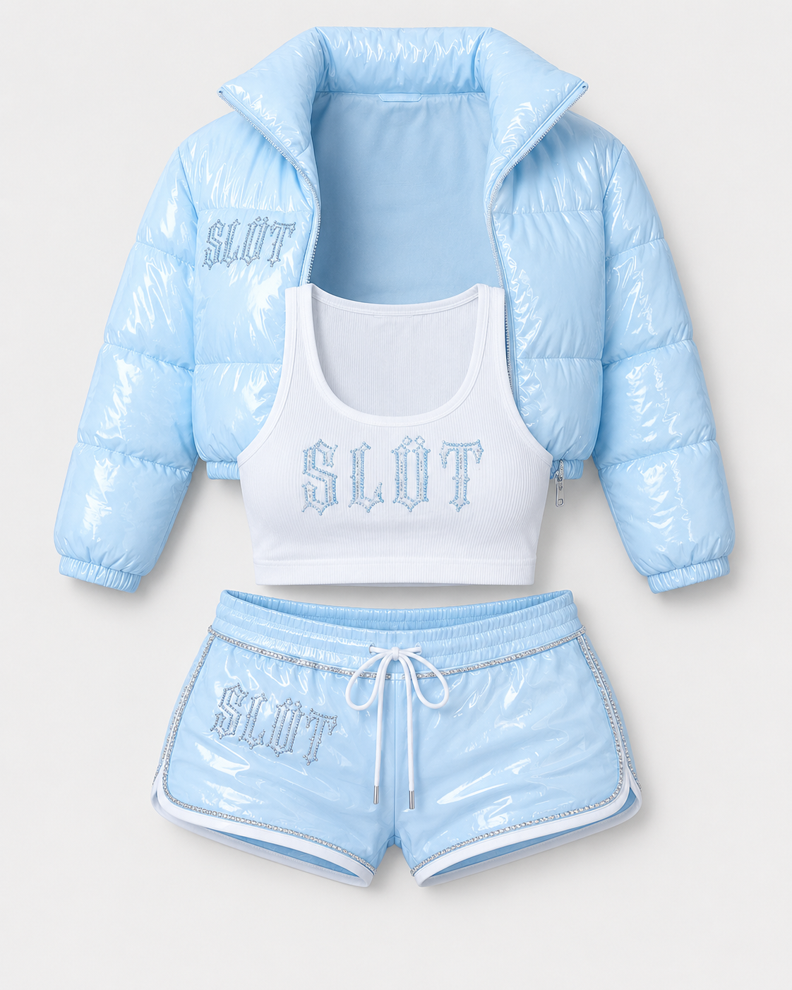 Baby Blue Patent Puffer 3-Piece Set Packaging