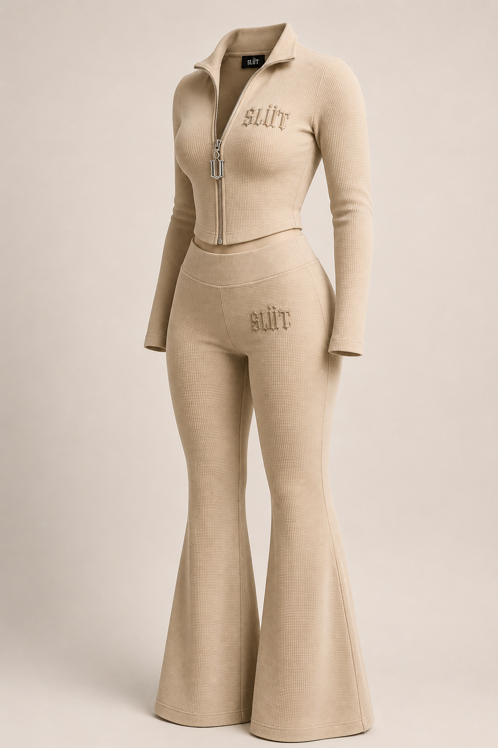 Beige Waffle-Knit Zip Jacket & Flare Pant Set Alternate