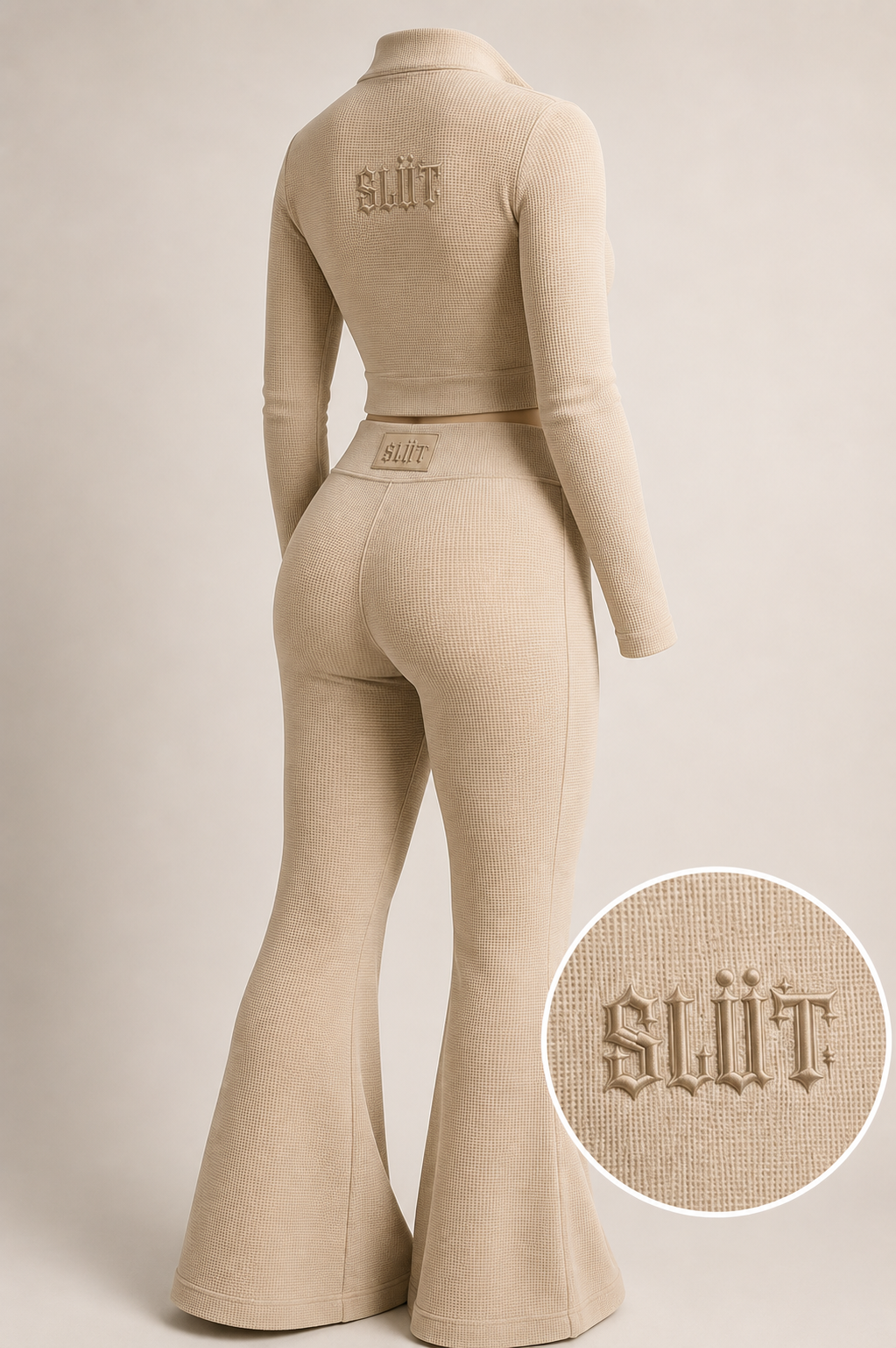 Beige Waffle-Knit Zip Jacket & Flare Pant Set Packaging