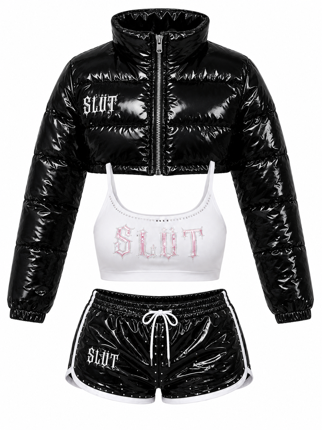 Jet Black Patent Puffer 3-Piece Set Detail