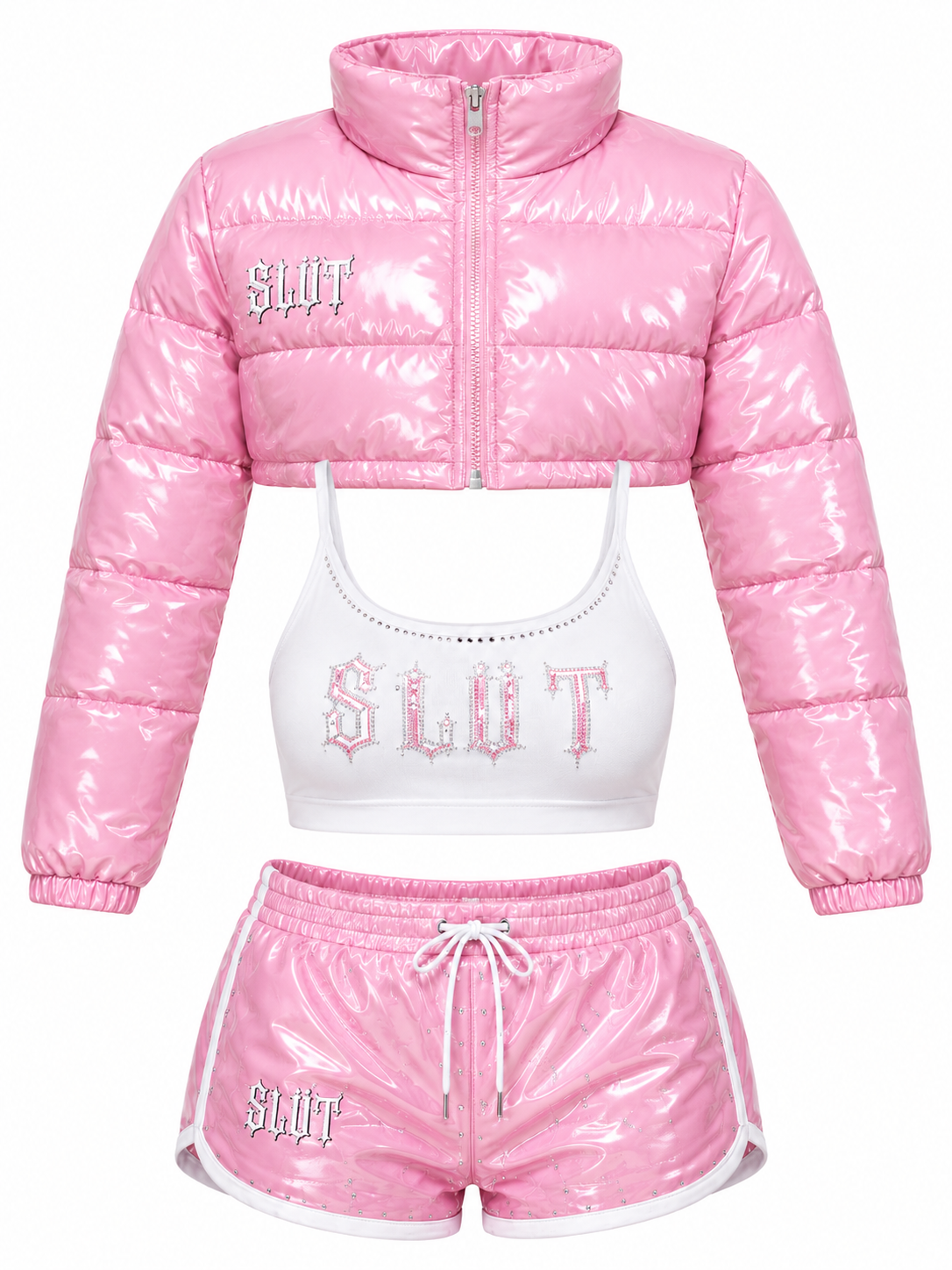 Pink Glossy Patent Puffer 3-Piece Set Detail