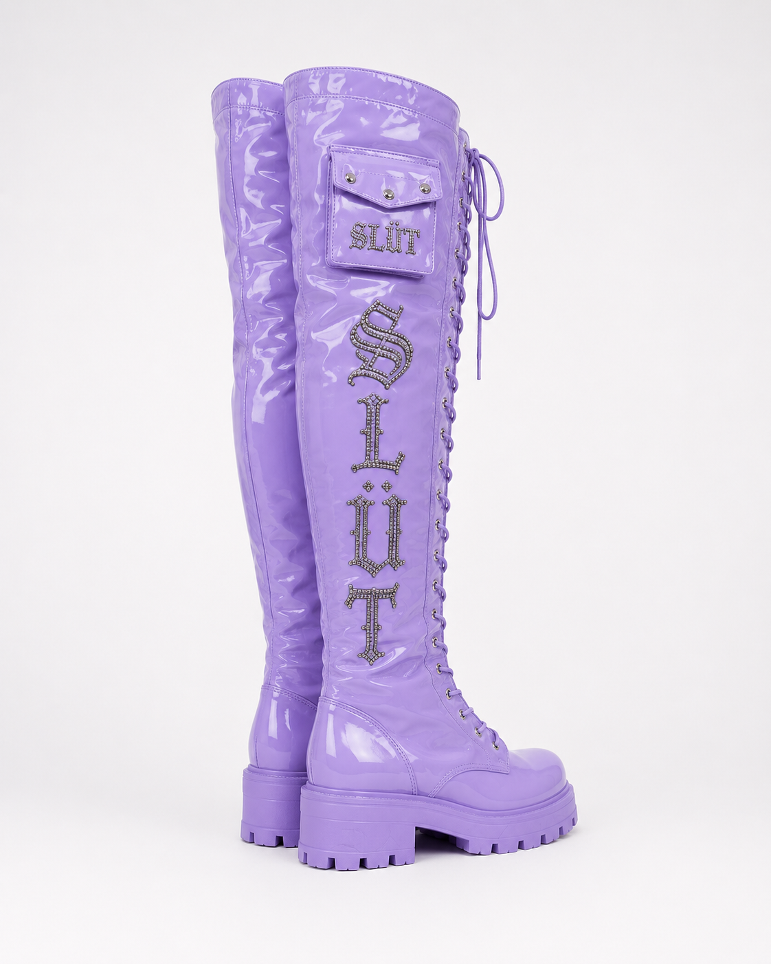 SLÜT Lace-Up Patent Thigh Boot — Lavender Haze