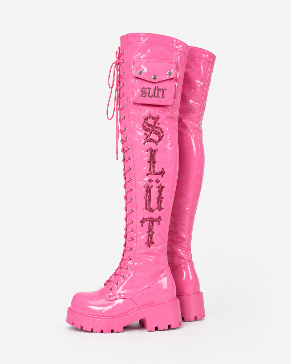 SLÜT Lace-Up Patent Thigh Boot — Bubblegum Pink