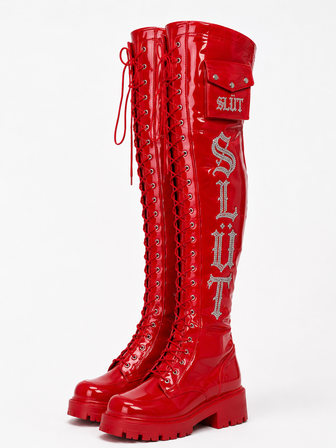 SLÜT Lace-Up Patent Thigh Boot — Cherry Red Detail