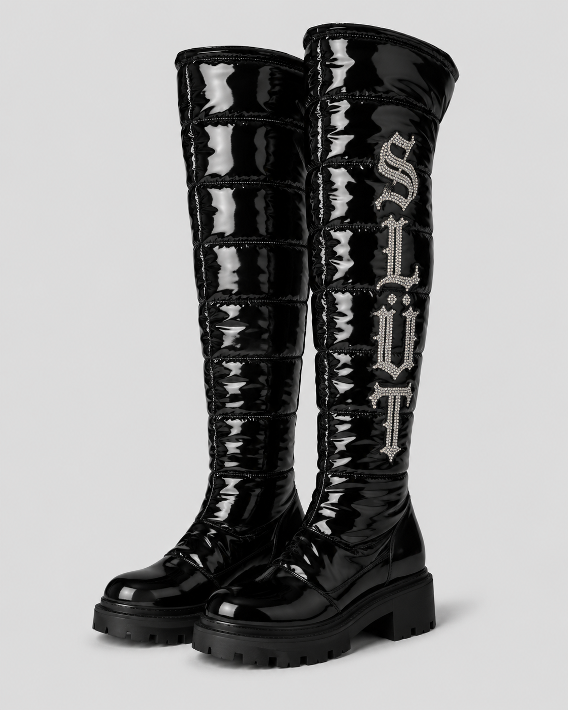 SLÜT Quilted Puffer Thigh Boot — Jet Black