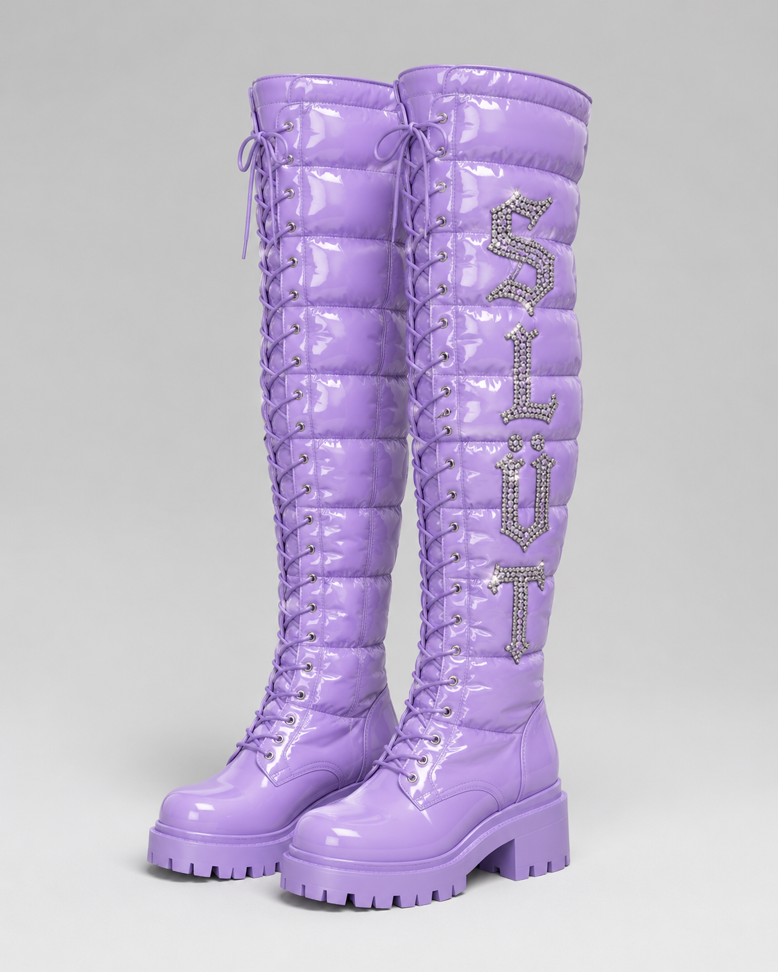 SLÜT Quilted Puffer Thigh Boot — Lavender Haze